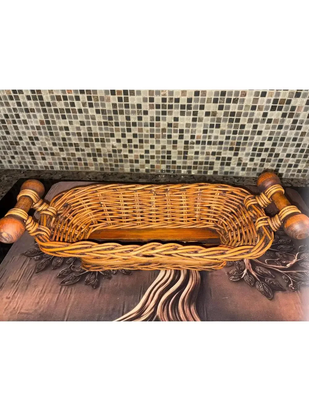vintage split willow basket with wood handles.